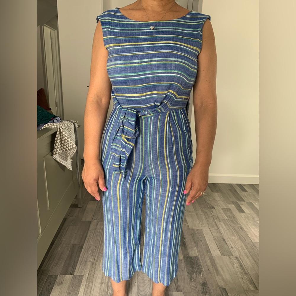 Super cute blue and yellow and white striped jumpsuit